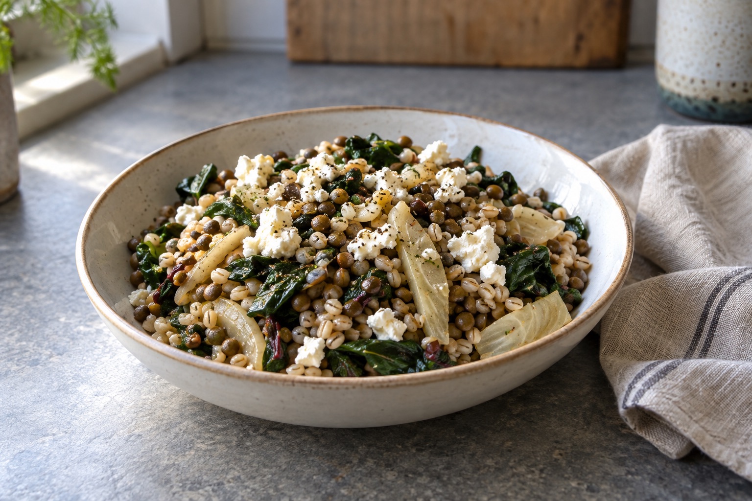 Barley with lentils, fennel and feta