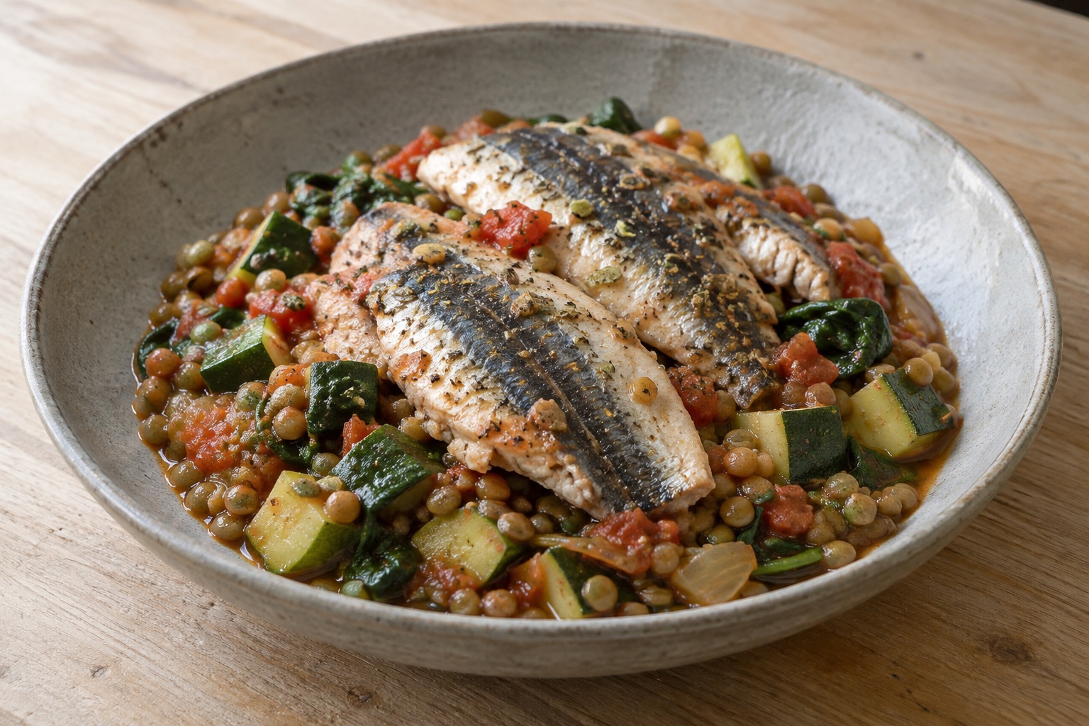 Fresh sardines with lentils and courgettes