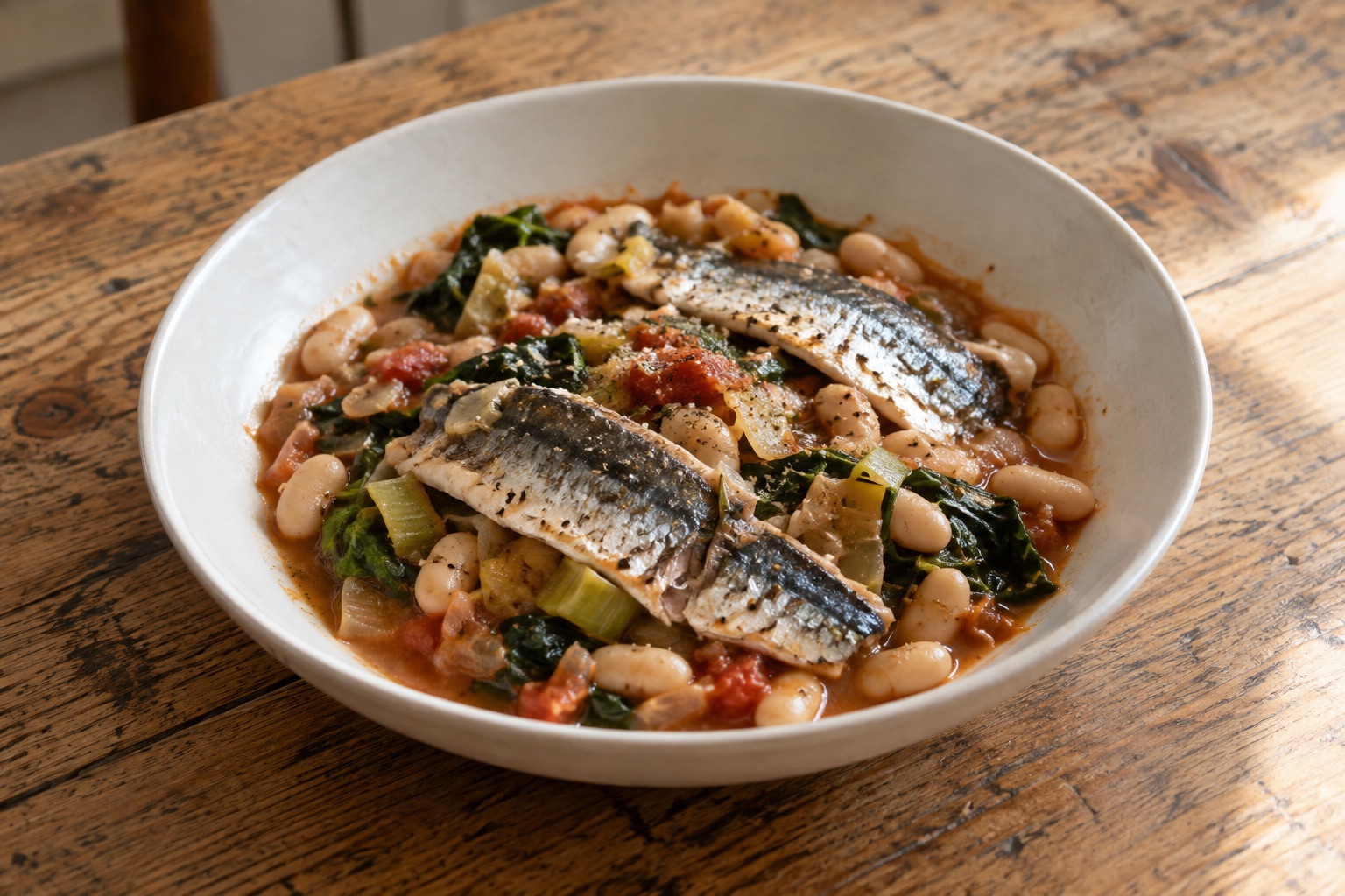 Fresh sardines with white beans and leeks