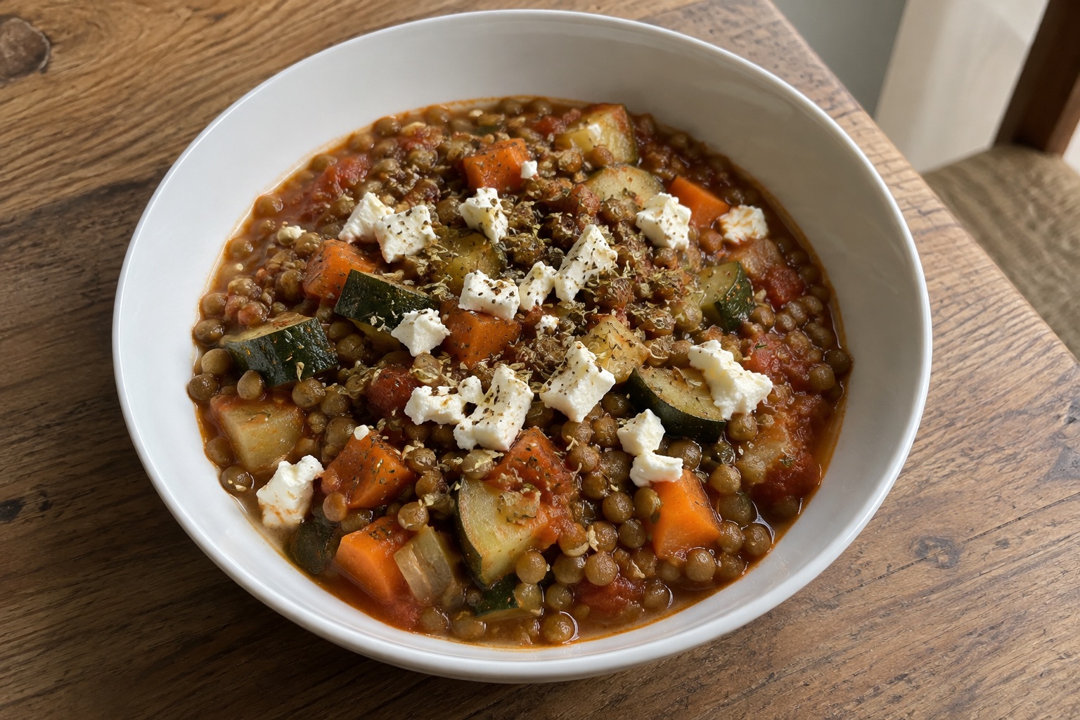 Lentil and courgette stew with feta