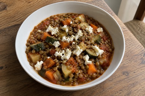 Lentil and courgette stew with feta