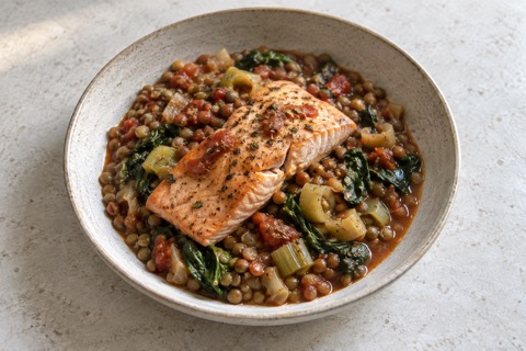 Salmon with lentils and leeks